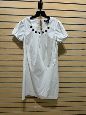 Etcetera White Shift Dress with Metallic Neckline Accents